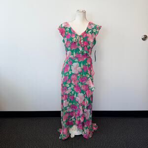 London Times Sleeveless Floral Ruffle Wrap Asymmetrical Hem Maxi Dress Sz 8 NEW
